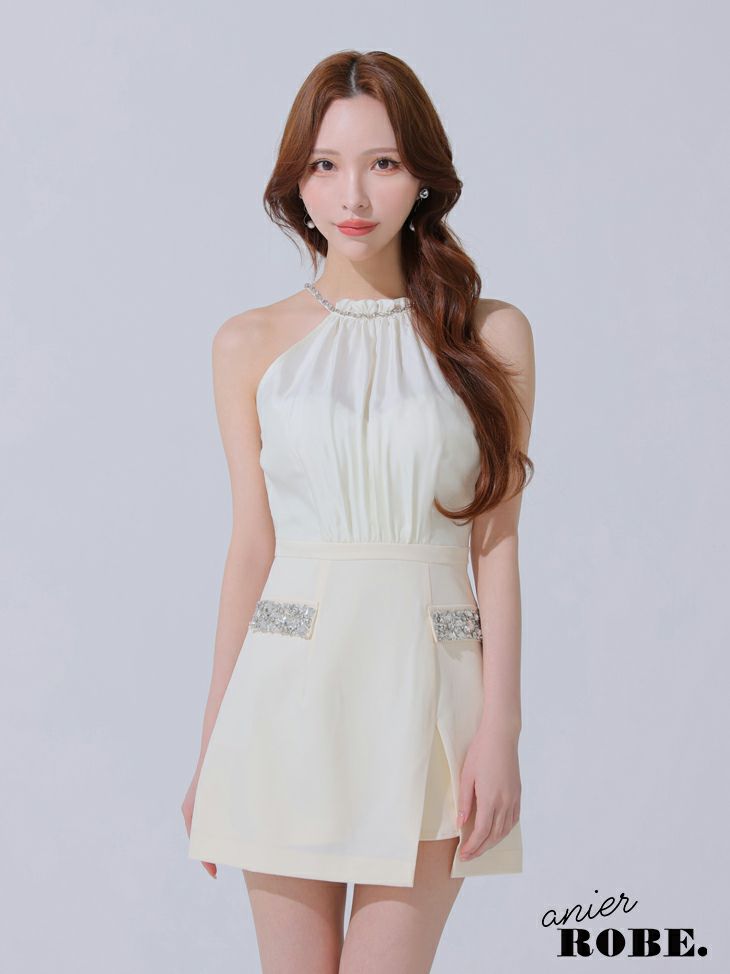 ROBE de FLEURS anier.ROBE ローブドフルール アニエルローブ Satin Bijou back open halter mini dress サテンビジューバックオープンホルターミニドレス fm-anier4051