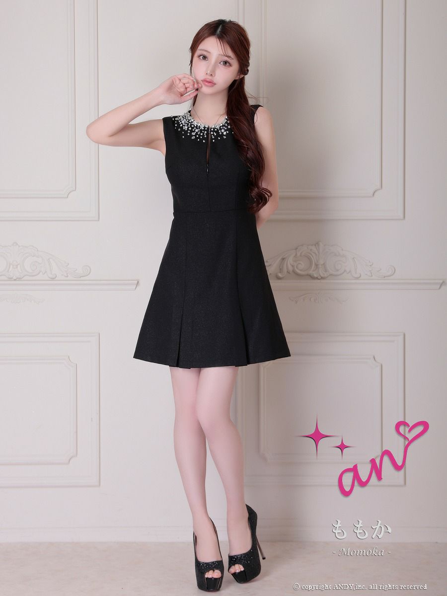 an アン ビジューカラー バックオープン プリーツスカート フレア ミニドレス ワンピース aoc-3874