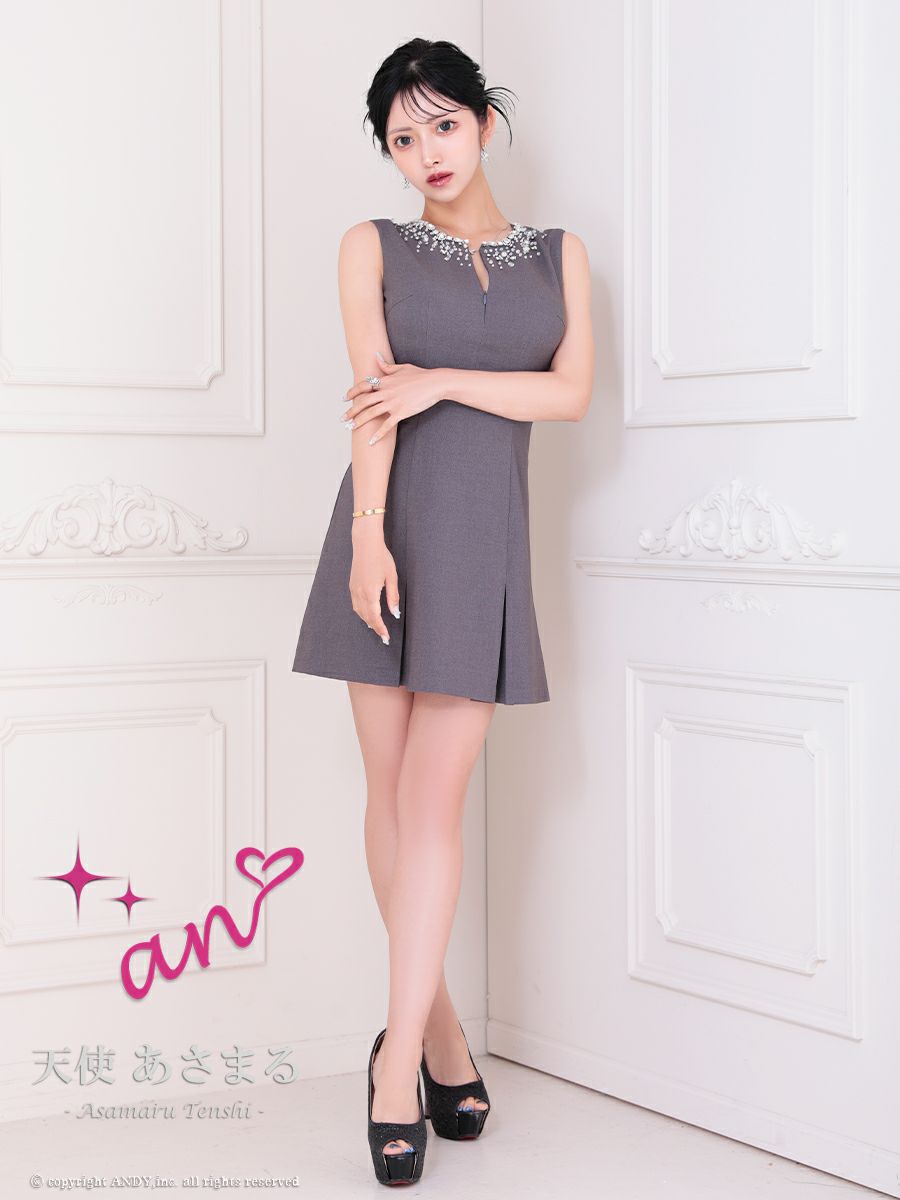 an アン ビジューカラー バックオープン プリーツスカート フレア ミニドレス ワンピース aoc-3874