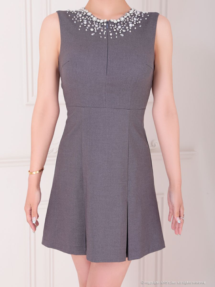 an アン ビジューカラー バックオープン プリーツスカート フレア ミニドレス ワンピース aoc-3874