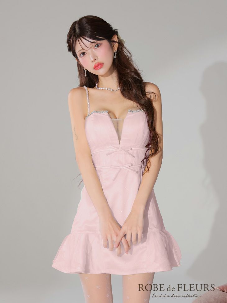 ROBE de FLEURS ローブドフルール ラメチュールサテンバストビジューミニキャバドレス fm3582