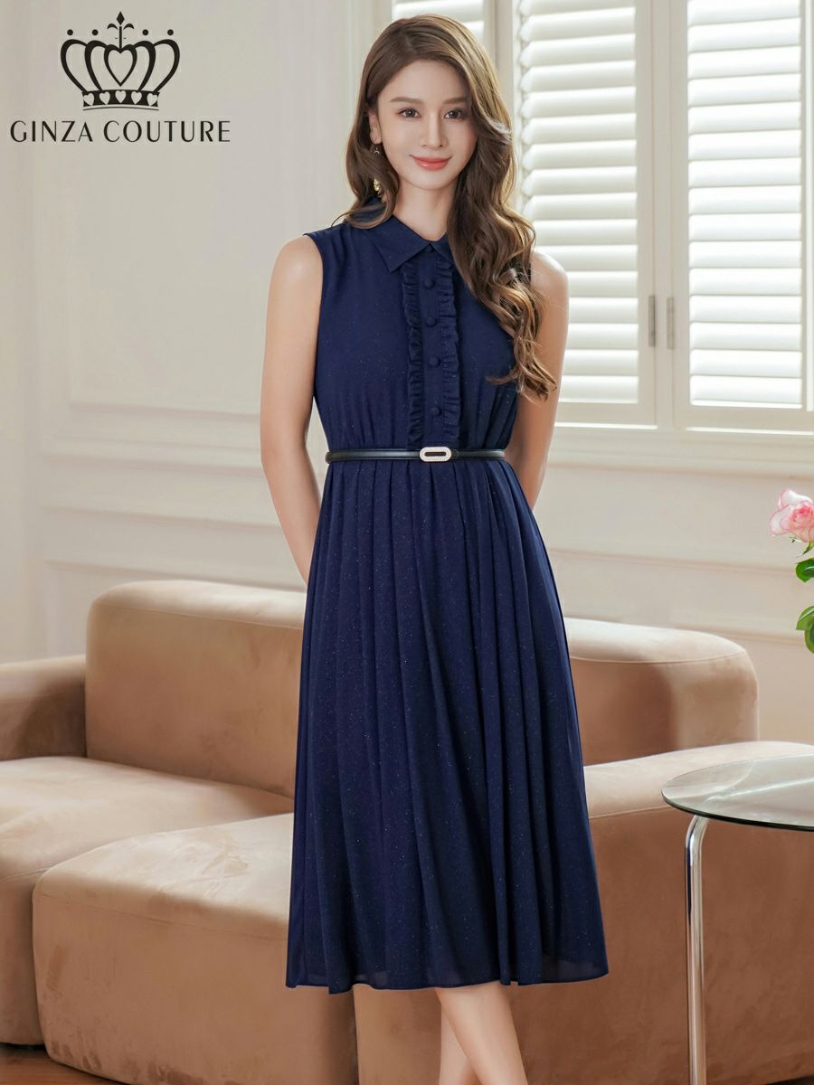 ERUKEI エルケイ ボタン・襟付き・Aライン・ノースリーブ・シフォン・ミディアムドレス・ワンピース ek-c23082