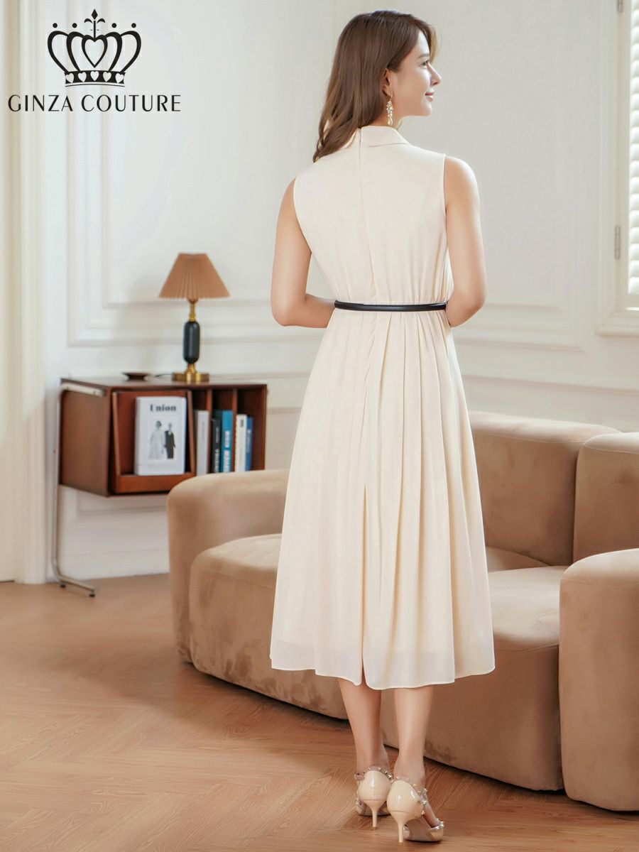 ERUKEI エルケイ ボタン・襟付き・Aライン・ノースリーブ・シフォン・ミディアムドレス・ワンピース ek-c23082