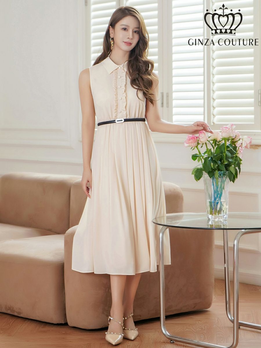 ERUKEI エルケイ ボタン・襟付き・Aライン・ノースリーブ・シフォン・ミディアムドレス・ワンピース ek-c23082