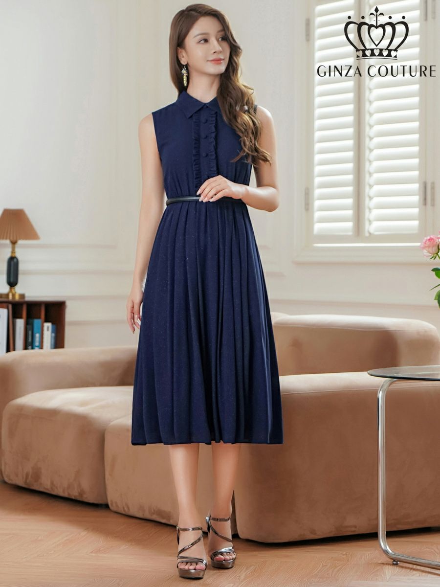 ERUKEI エルケイ ボタン・襟付き・Aライン・ノースリーブ・シフォン・ミディアムドレス・ワンピース ek-c23082