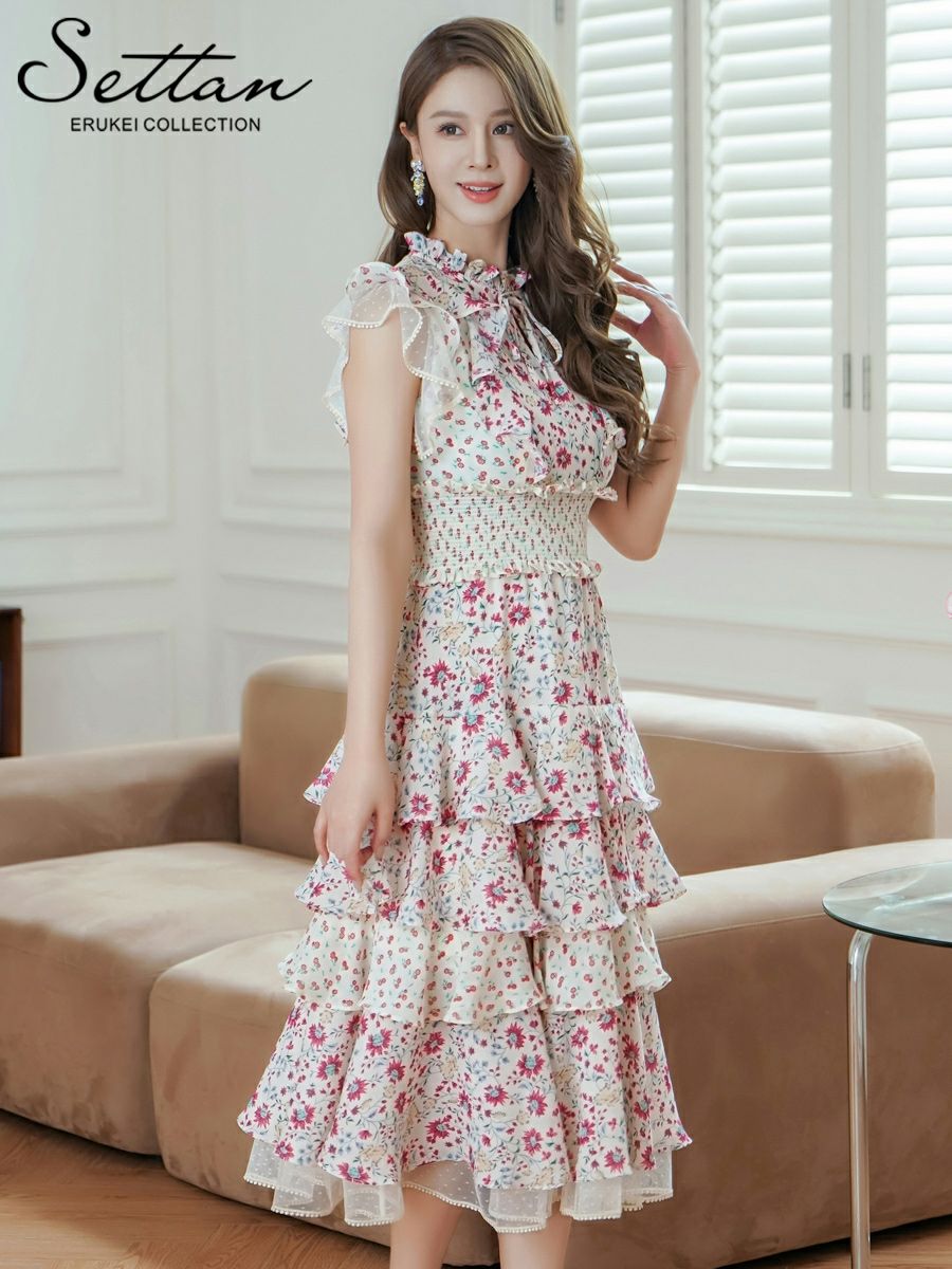 ERUKEI エルケイ ティアード・フリル・プチハイネック・ミディアムドレス・ワンピース ek-s31208