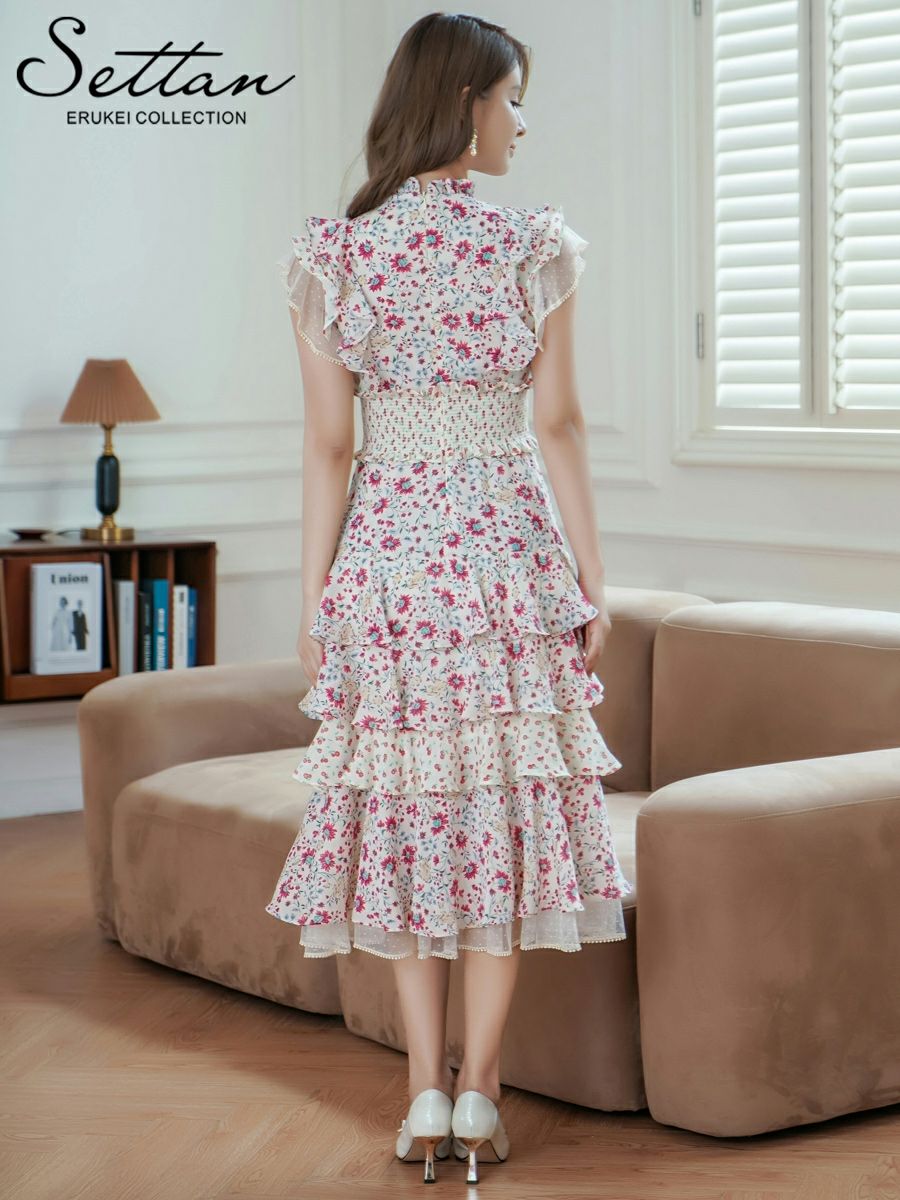 ERUKEI エルケイ ティアード・フリル・プチハイネック・ミディアムドレス・ワンピース ek-s31208