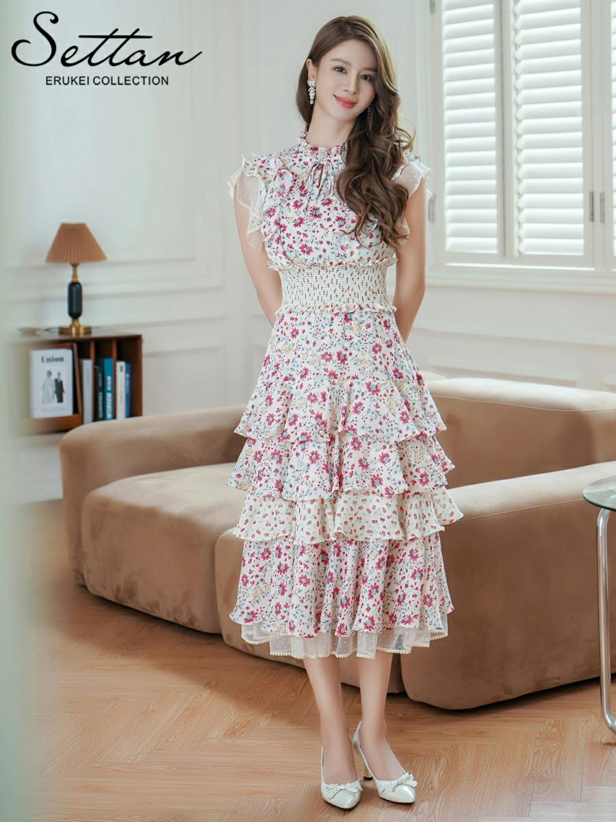 ERUKEI エルケイ ティアード・フリル・プチハイネック・ミディアムドレス・ワンピース ek-s31208