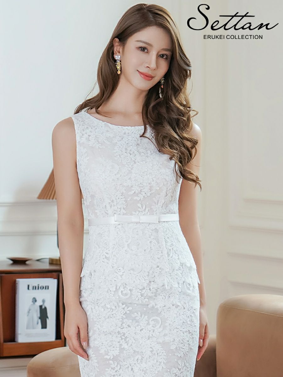 ERUKEI エルケイ ノースリーブ・総レース・リボン・タイト・ミディアムドレス・ワンピース ek-e25068