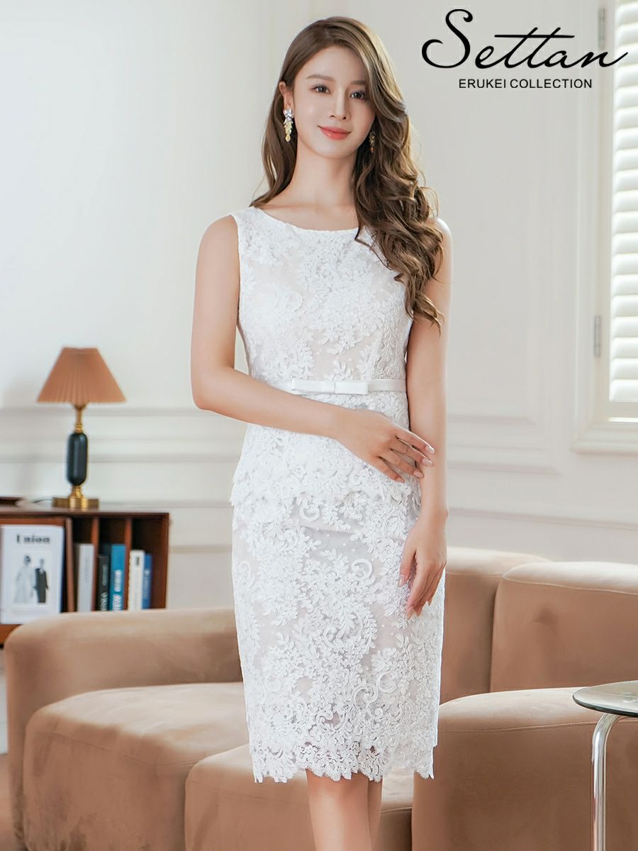 ERUKEI エルケイ ノースリーブ・総レース・リボン・タイト・ミディアムドレス・ワンピース ek-e25068