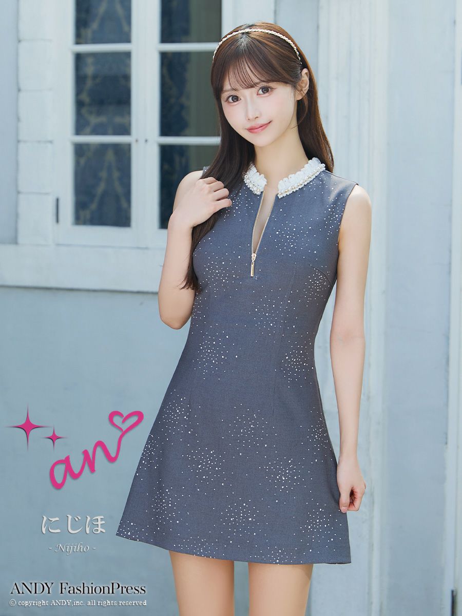 an アン レース襟 ビジューラメ生地 フロントジップ バックオープン セミタイト ミニドレス ワンピース aoc-3881