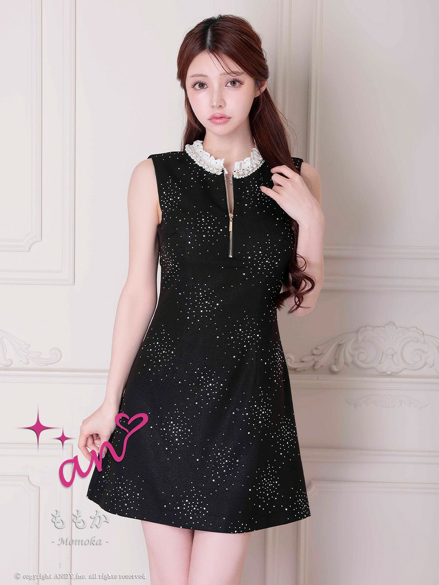 an アン レース襟 ビジューラメ生地 フロントジップ バックオープン セミタイト ミニドレス ワンピース aoc-3881