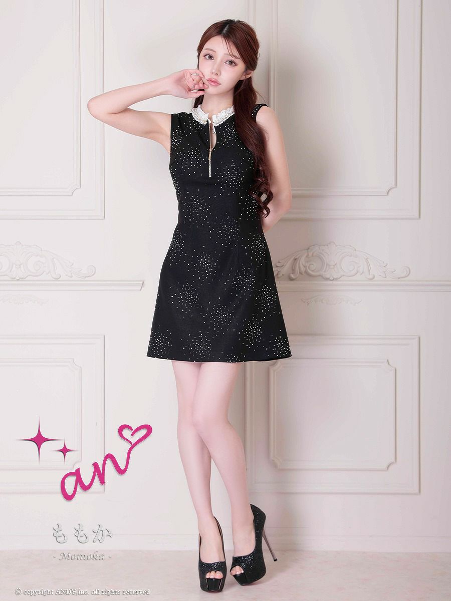 an アン レース襟 ビジューラメ生地 フロントジップ バックオープン セミタイト ミニドレス ワンピース aoc-3881