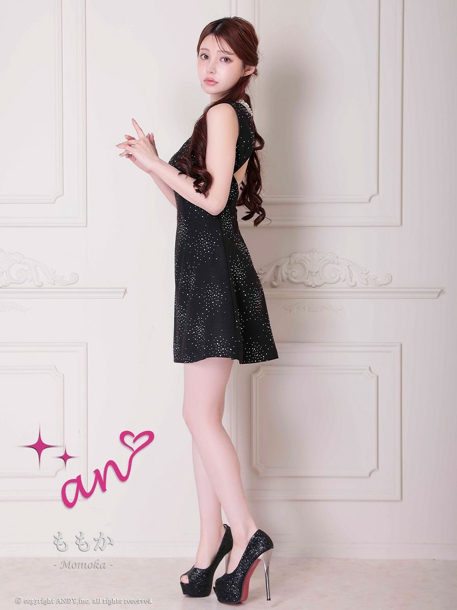 an アン レース襟 ビジューラメ生地 フロントジップ バックオープン セミタイト ミニドレス ワンピース aoc-3881