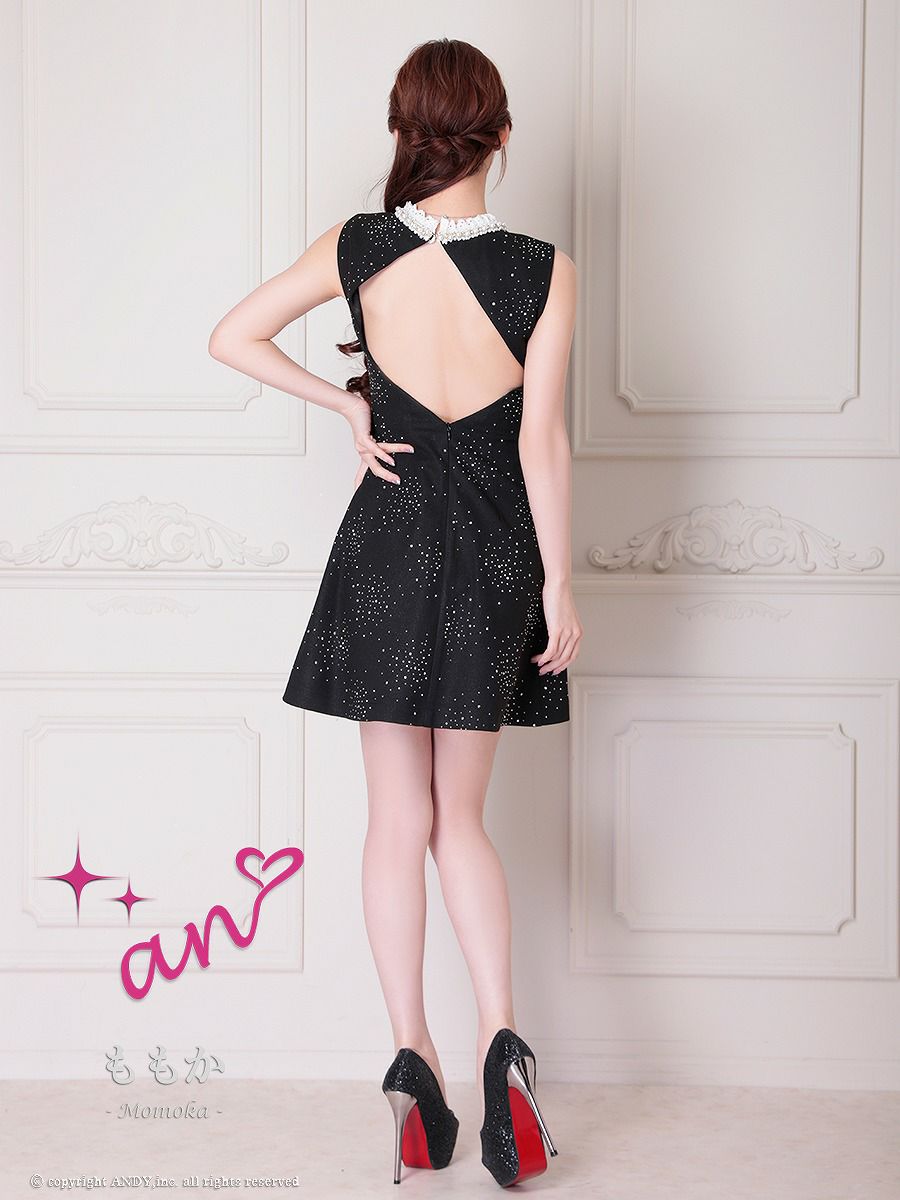 an アン レース襟 ビジューラメ生地 フロントジップ バックオープン セミタイト ミニドレス ワンピース aoc-3881