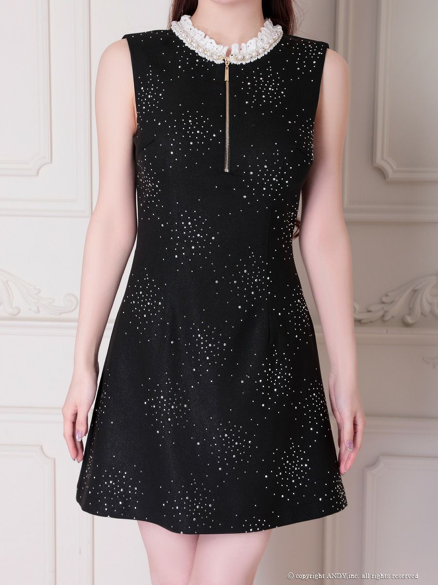 an アン レース襟 ビジューラメ生地 フロントジップ バックオープン セミタイト ミニドレス ワンピース aoc-3881