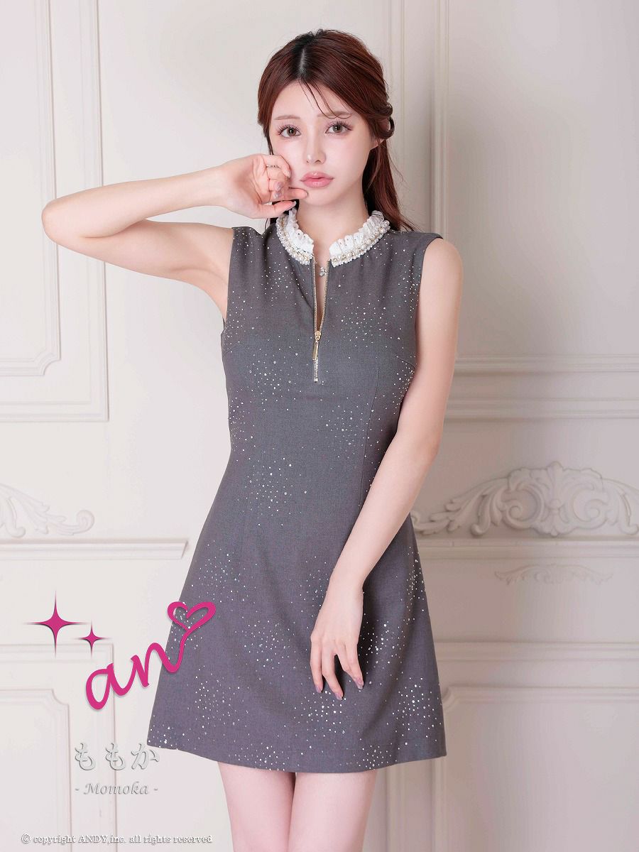 an アン レース襟 ビジューラメ生地 フロントジップ バックオープン セミタイト ミニドレス ワンピース aoc-3881