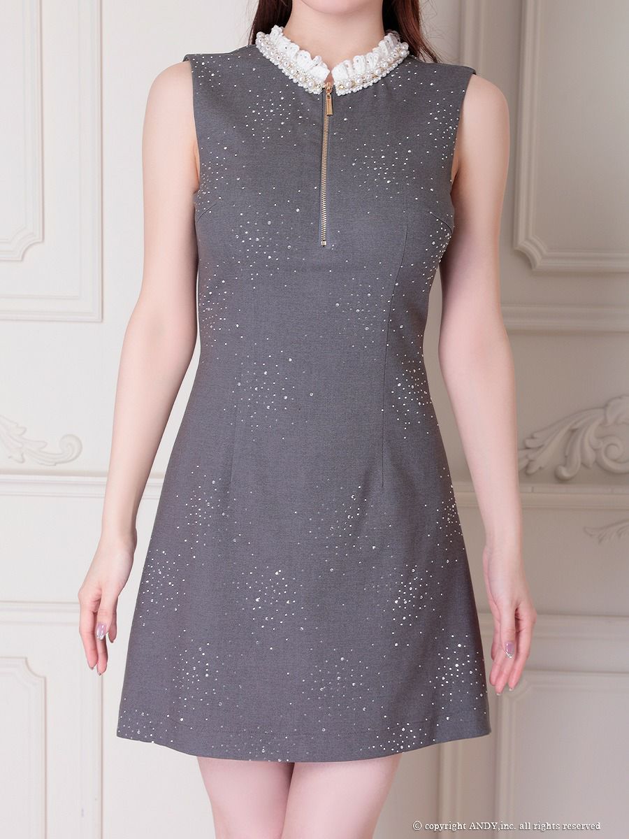 an アン レース襟 ビジューラメ生地 フロントジップ バックオープン セミタイト ミニドレス ワンピース aoc-3881