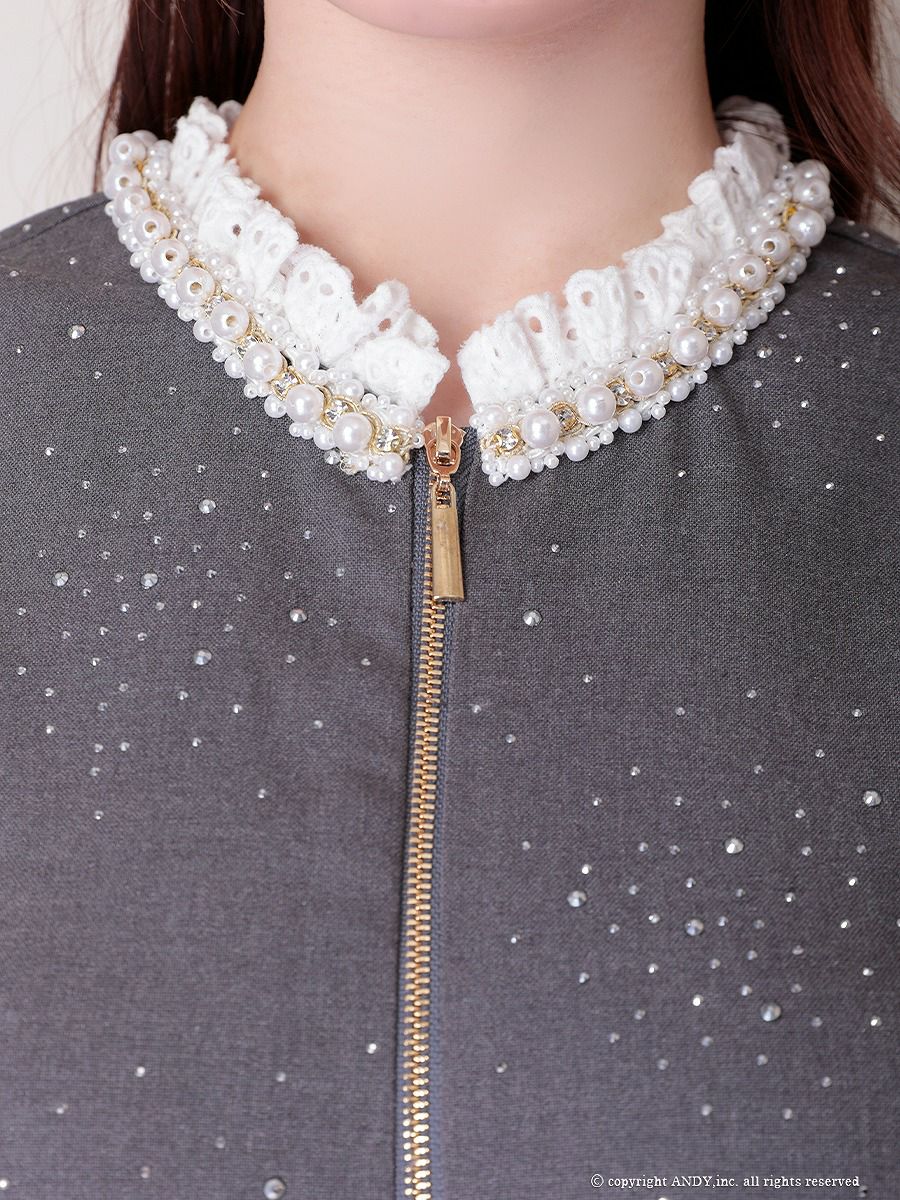 an アン レース襟 ビジューラメ生地 フロントジップ バックオープン セミタイト ミニドレス ワンピース aoc-3881