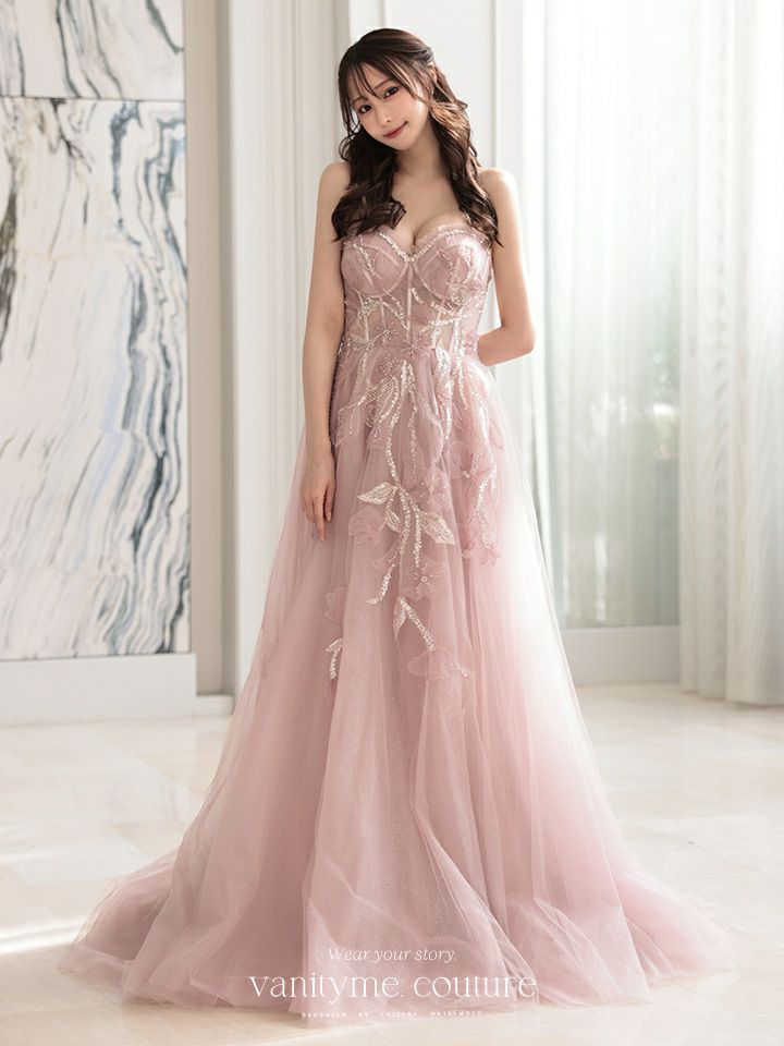 vanityME.couture. バニティミークチュール スパンコール刺繍 フラワーモチーフ スリット入り ベアトップ プリンセス 姫 ロングドレス バースデードレス ブラッシュピンク vctr-l-a1294-2