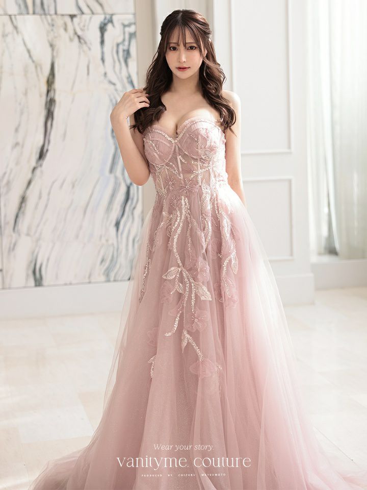 vanityME.couture. バニティミークチュール スパンコール刺繍 フラワーモチーフ スリット入り ベアトップ プリンセス 姫 ロングドレス バースデードレス ブラッシュピンク vctr-l-a1294-2