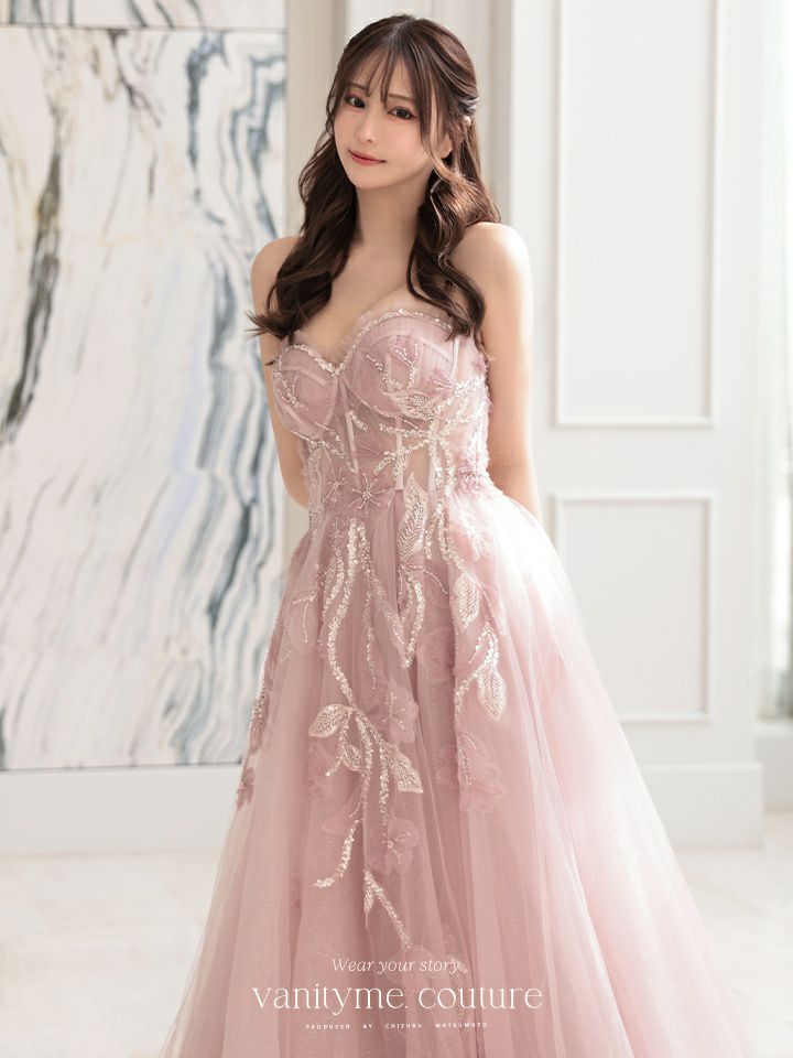 vanityME.couture. バニティミークチュール スパンコール刺繍 フラワーモチーフ スリット入り ベアトップ プリンセス 姫 ロングドレス バースデードレス ブラッシュピンク vctr-l-a1294-2
