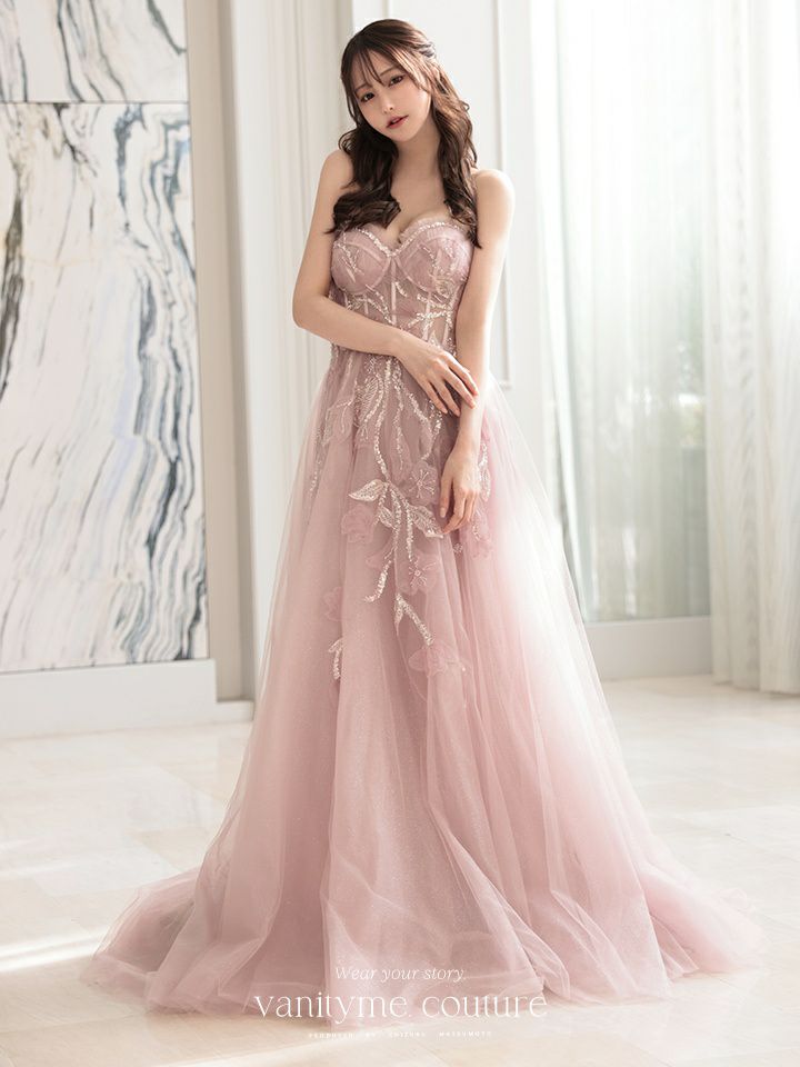 vanityME.couture. バニティミークチュール スパンコール刺繍 フラワーモチーフ スリット入り ベアトップ プリンセス 姫 ロングドレス バースデードレス ブラッシュピンク vctr-l-a1294-2