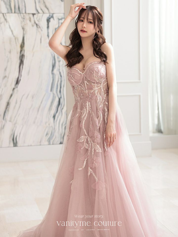 vanityME.couture. バニティミークチュール スパンコール刺繍 フラワーモチーフ スリット入り ベアトップ プリンセス 姫 ロングドレス バースデードレス ブラッシュピンク vctr-l-a1294-2