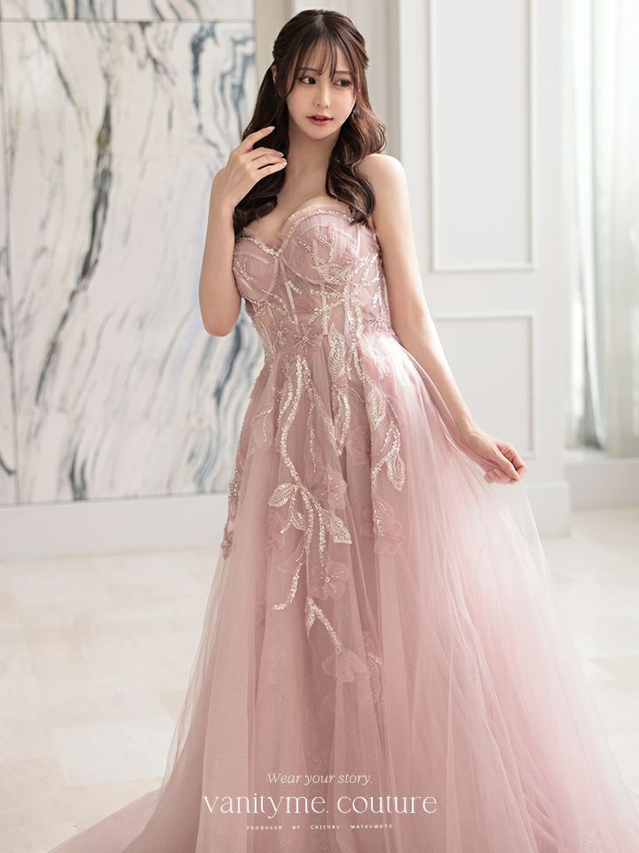 vanityME.couture. バニティミークチュール スパンコール刺繍 フラワーモチーフ スリット入り ベアトップ プリンセス 姫 ロングドレス バースデードレス ブラッシュピンク vctr-l-a1294-2