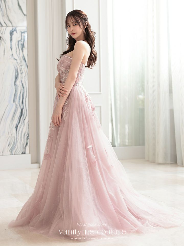 vanityME.couture. バニティミークチュール スパンコール刺繍 フラワーモチーフ スリット入り ベアトップ プリンセス 姫 ロングドレス バースデードレス ブラッシュピンク vctr-l-a1294-2