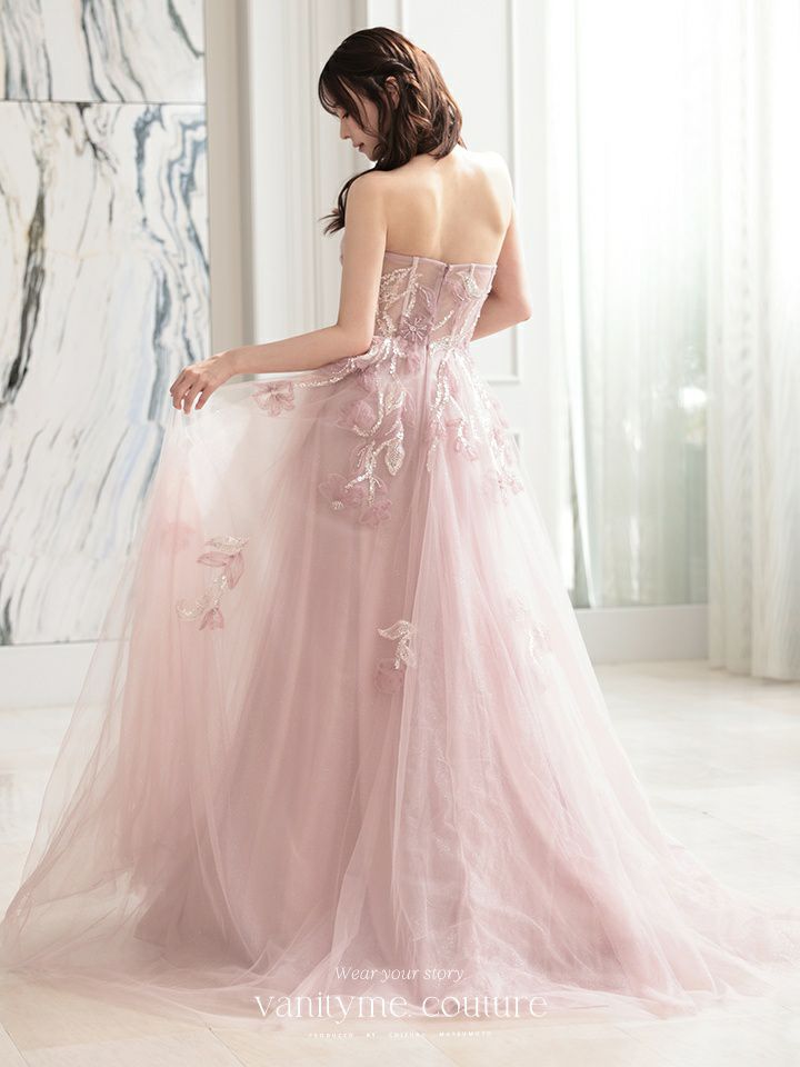 vanityME.couture. バニティミークチュール スパンコール刺繍 フラワーモチーフ スリット入り ベアトップ プリンセス 姫 ロングドレス バースデードレス ブラッシュピンク vctr-l-a1294-2