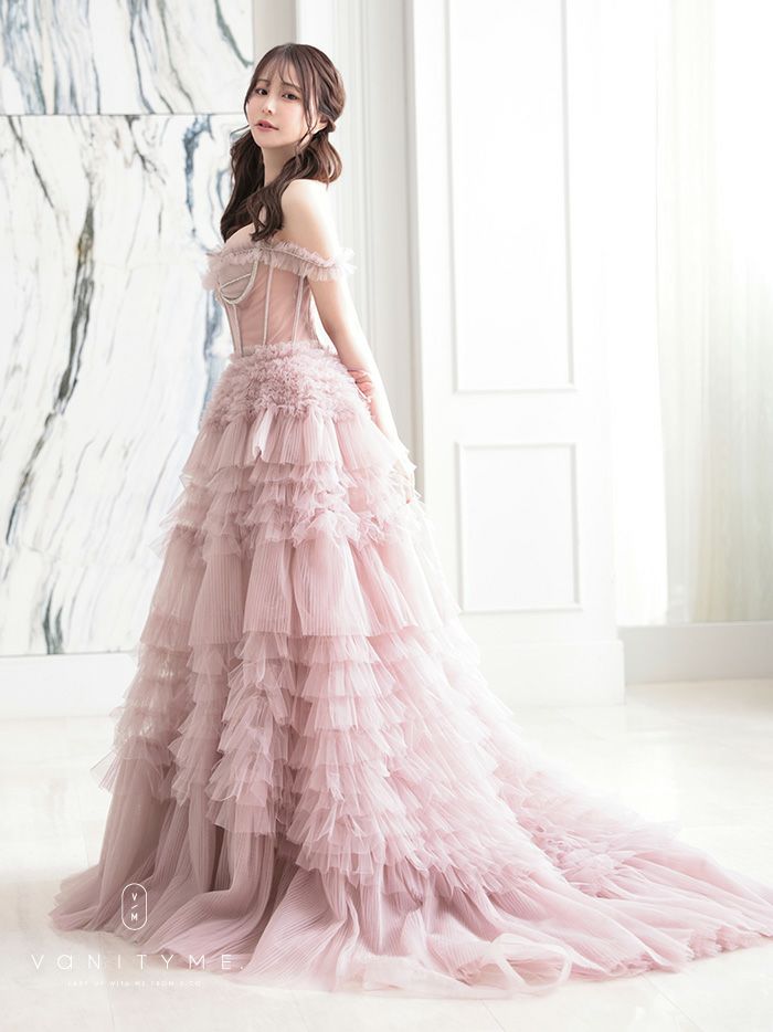 【2点セット】vanityME.couture. バニティミークチュール オフショル チュール ビジューライン ヌードベース リボンショール付き プリンセス 姫 ロングドレス バースデードレス ブラッシュピンク vctr-l-a1150-2