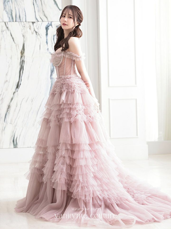 【2点セット】vanityME.couture. バニティミークチュール オフショル チュール ビジューライン ヌードベース リボンショール付き プリンセス 姫 ロングドレス バースデードレス ブラッシュピンク vctr-l-a1150-2