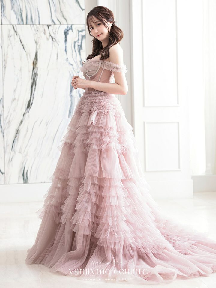 【2点セット】vanityME.couture. バニティミークチュール オフショル チュール ビジューライン ヌードベース リボンショール付き プリンセス 姫 ロングドレス バースデードレス ブラッシュピンク vctr-l-a1150-2