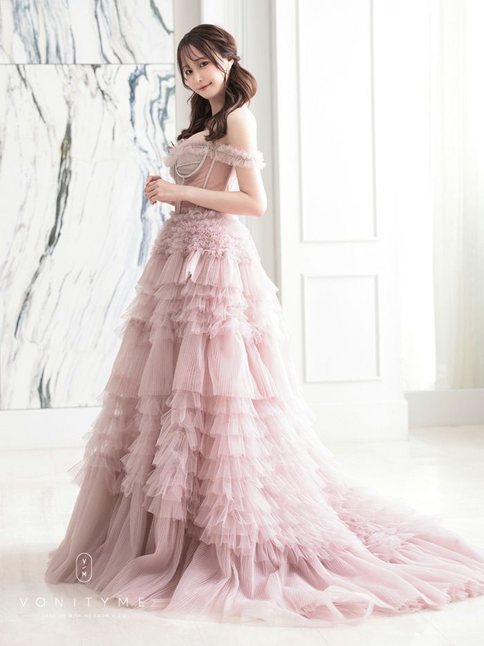 【2点セット】vanityME.couture. バニティミークチュール オフショル チュール ビジューライン ヌードベース リボンショール付き プリンセス 姫 ロングドレス バースデードレス ブラッシュピンク vctr-l-a1150-2