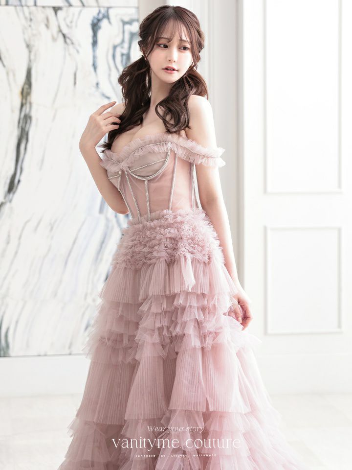 【2点セット】vanityME.couture. バニティミークチュール オフショル チュール ビジューライン ヌードベース リボンショール付き プリンセス 姫 ロングドレス バースデードレス ブラッシュピンク vctr-l-a1150-2