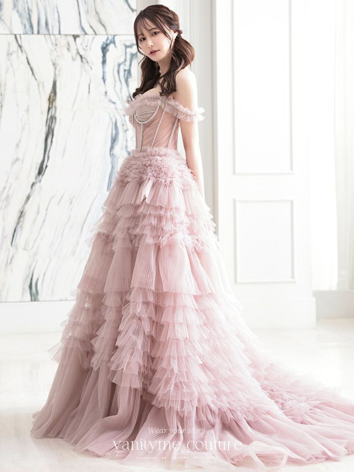 【2点セット】vanityME.couture. バニティミークチュール オフショル チュール ビジューライン ヌードベース リボンショール付き プリンセス 姫 ロングドレス バースデードレス ブラッシュピンク vctr-l-a1150-2