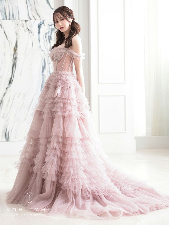 【2点セット】vanityME.couture. バニティミークチュール オフショル チュール ビジューライン ヌードベース リボンショール付き プリンセス 姫 ロングドレス バースデードレス ブラッシュピンク vctr-l-a1150-2