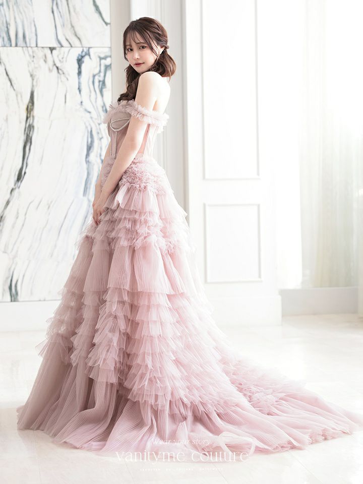 【2点セット】vanityME.couture. バニティミークチュール オフショル チュール ビジューライン ヌードベース リボンショール付き プリンセス 姫 ロングドレス バースデードレス ブラッシュピンク vctr-l-a1150-2