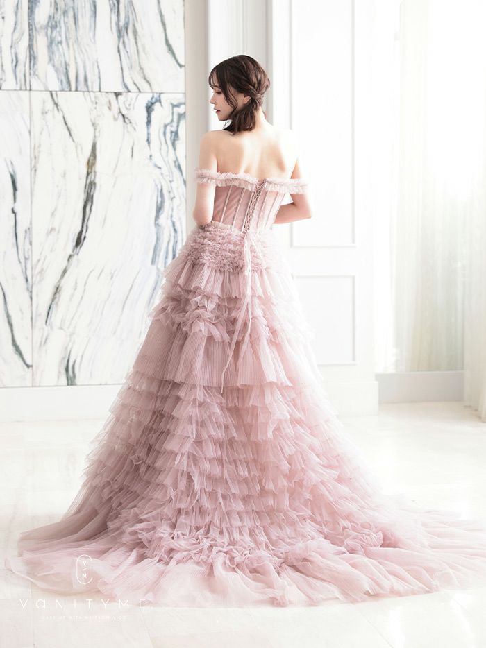 【2点セット】vanityME.couture. バニティミークチュール オフショル チュール ビジューライン ヌードベース リボンショール付き プリンセス 姫 ロングドレス バースデードレス ブラッシュピンク vctr-l-a1150-2