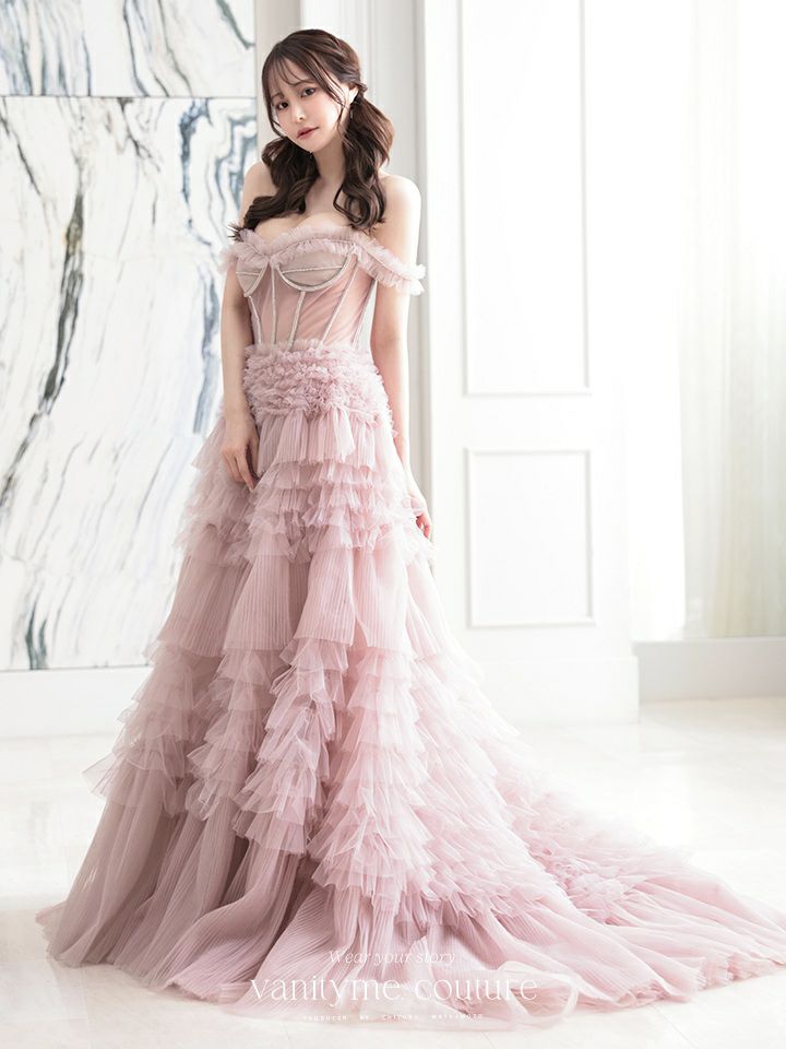 【2点セット】vanityME.couture. バニティミークチュール オフショル チュール ビジューライン ヌードベース リボンショール付き プリンセス 姫 ロングドレス バースデードレス ブラッシュピンク vctr-l-a1150-2