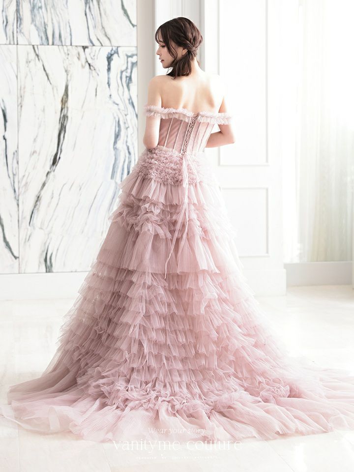 【2点セット】vanityME.couture. バニティミークチュール オフショル チュール ビジューライン ヌードベース リボンショール付き プリンセス 姫 ロングドレス バースデードレス ブラッシュピンク vctr-l-a1150-2