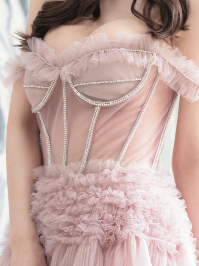 【2点セット】vanityME.couture. バニティミークチュール オフショル チュール ビジューライン ヌードベース リボンショール付き プリンセス 姫 ロングドレス バースデードレス ブラッシュピンク vctr-l-a1150-2