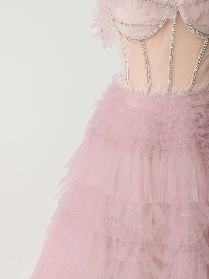 【2点セット】vanityME.couture. バニティミークチュール オフショル チュール ビジューライン ヌードベース リボンショール付き プリンセス 姫 ロングドレス バースデードレス ブラッシュピンク vctr-l-a1150-2