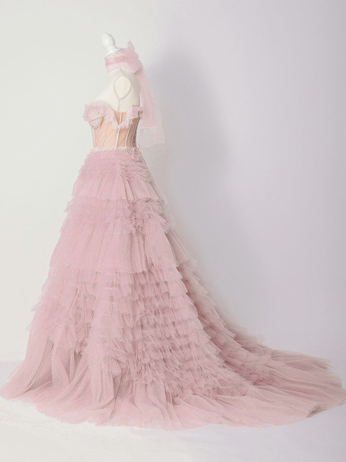 【2点セット】vanityME.couture. バニティミークチュール オフショル チュール ビジューライン ヌードベース リボンショール付き プリンセス 姫 ロングドレス バースデードレス ブラッシュピンク vctr-l-a1150-2