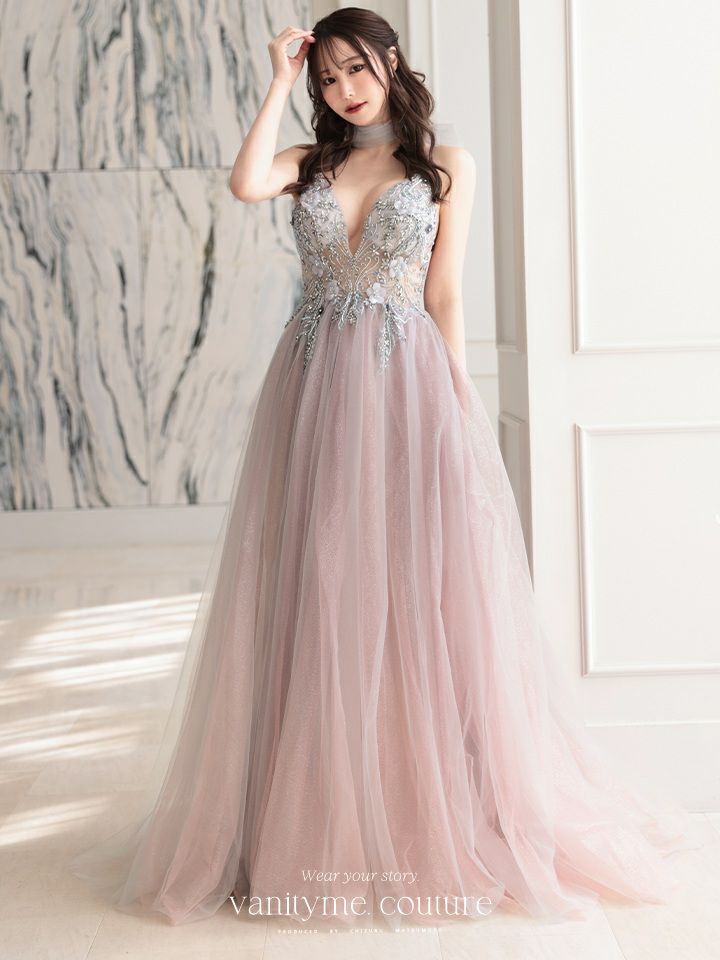 【2点セット】vanityME.couture. バニティミークチュール クリスタルビジュー フラワーモチーフ ショール付き ピンクグラデーション ラメチュール プリンセス 姫 ロングドレス バースデードレス スモーキーブルー vctr-l-a0850