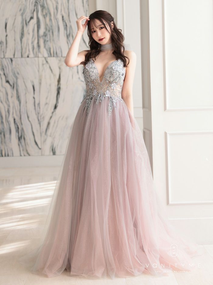 【2点セット】vanityME.couture. バニティミークチュール クリスタルビジュー フラワーモチーフ ショール付き ピンクグラデーション ラメチュール プリンセス 姫 ロングドレス バースデードレス スモーキーブルー vctr-l-a0850