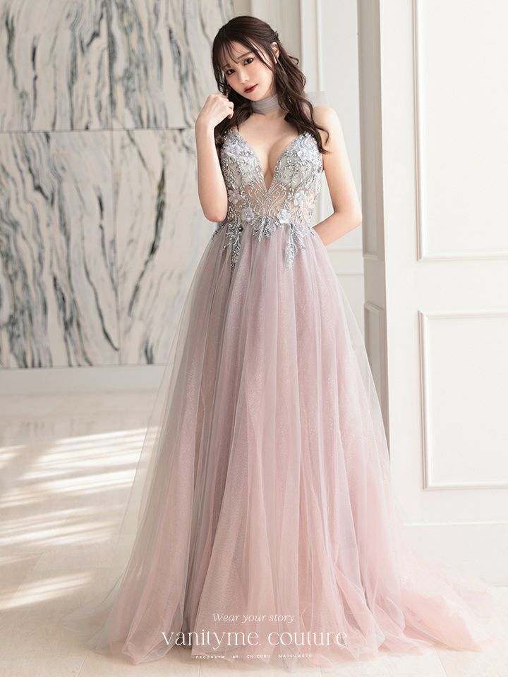 【2点セット】vanityME.couture. バニティミークチュール クリスタルビジュー フラワーモチーフ ショール付き ピンクグラデーション ラメチュール プリンセス 姫 ロングドレス バースデードレス スモーキーブルー vctr-l-a0850