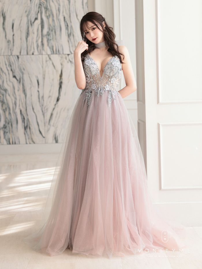 【2点セット】vanityME.couture. バニティミークチュール クリスタルビジュー フラワーモチーフ ショール付き ピンクグラデーション ラメチュール プリンセス 姫 ロングドレス バースデードレス スモーキーブルー vctr-l-a0850