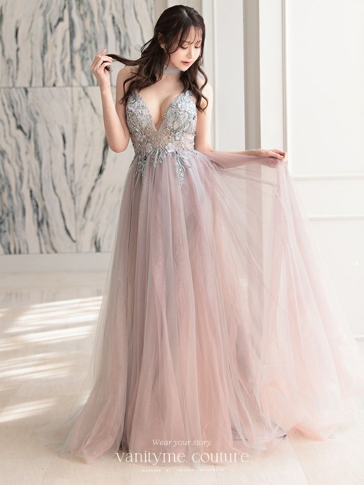 【2点セット】vanityME.couture. バニティミークチュール クリスタルビジュー フラワーモチーフ ショール付き ピンクグラデーション ラメチュール プリンセス 姫 ロングドレス バースデードレス スモーキーブルー vctr-l-a0850